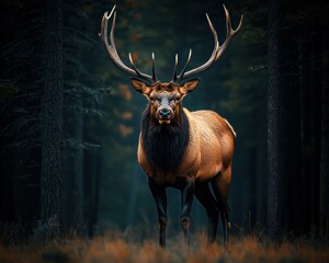 Wall Mural - Majestic elk in a dark forest. AI.