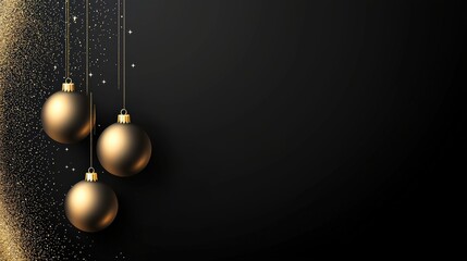 Wall Mural - Luxury Christmas banner with hanging gold baubles, ice crystals, and a deep black background, perfect for holiday celebrations and festive promotions.