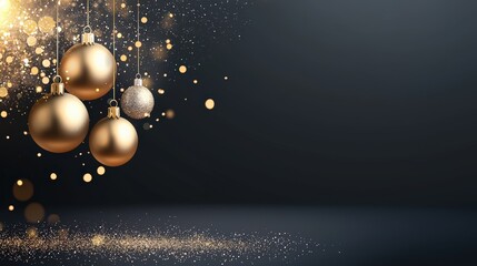 Wall Mural - Luxury Christmas banner with hanging gold baubles, ice crystals, and a deep black background, perfect for holiday celebrations and festive promotions.