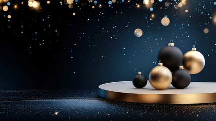 Wall Mural - Minimalist Christmas setting featuring golden and black baubles on a dramatic dark background with subtle sparkles, creating a stylish holiday mood.