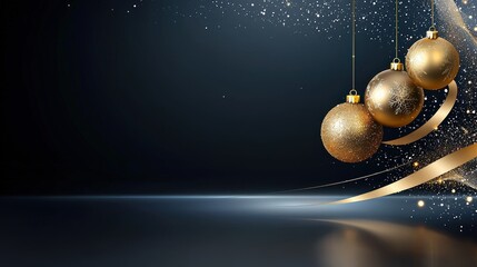 Wall Mural - Panoramic holiday banner with golden Christmas balls, ice crystals, and festive sparkle, suspended in mid-air against a sleek black backdrop, perfect for holiday greetings.