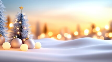 Wall Mural - Snowy Christmas landscape with a decorated tree and warm bokeh lights filling the background, ideal for a winter-themed banner or holiday greeting card design.