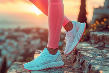 woman in pink leggings walking up steps at sunset