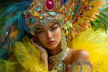 Wall Mural - woman wearing a yellow costume with feathers and jewels on it. She is posing for the camera