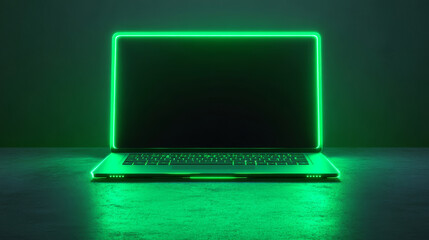 Wall Mural - 3d green neon laptop screen dark digital mockup. blank office pc concept front design template on ta