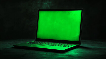 Wall Mural - 3d green neon laptop screen dark digital mockup. blank office pc concept front design template on ta