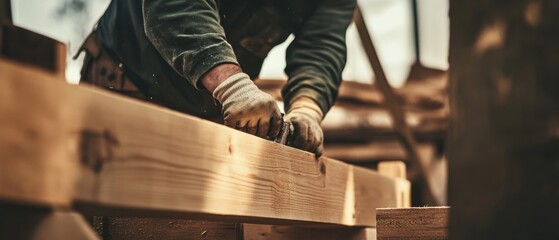 Wall Mural - A detailed view of a carpenter crafting wooden beams in a timber frame workshop, Timber construction scene, Traditional craftsmanship style