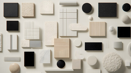 Fototapete - A flat lay arrangement of various textured and colored geometric shapes on a neutral background, showcasing design elements and materials