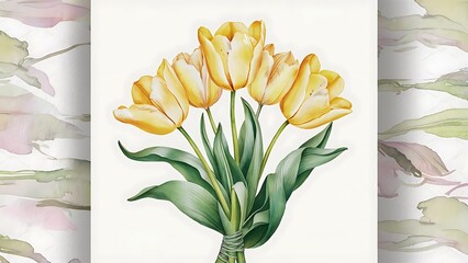 Wall Mural - Beautiful yellow tulips with green leaves isolated on white. Watercolor background illustration. Seamless background pattern. Fabric wallpaper print texture.