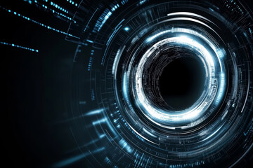 Wall Mural - abstract digital art blue and silver tech circle on dark background. science, innovation, cosmos, fu