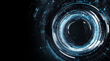 Wall Mural - abstract digital art blue and silver tech circle on dark background with blank space. science, innov