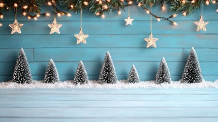 Wall Mural - Festive Christmas Decoration with Miniature Trees and Sparkling Stars on Wooden Background