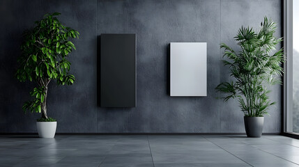 Fototapete - A modern, minimalist interior featuring two rectangular art pieces on a gray wall, flanked by lush green plants in stylish pots