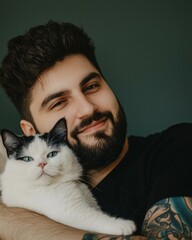 Poster - Man cuddling a black cat. AI.