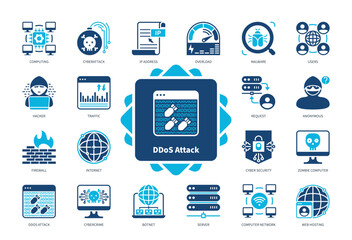 DDoS Attack icon set. Request, Cyberattack, Botnet, Server, Malware, Anonymous, Computing, Firewall. Duotone color solid icons