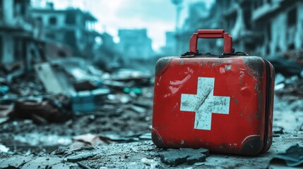 Abandoned First-Aid Kit in War-Torn City: A Symbol of Hope Amidst Devastation