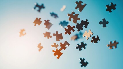 a powerful image of a diverse array of interconnected puzzle pieces floating in a bright, clear sky,