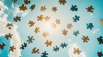 Wall Mural - a powerful image of a diverse array of interconnected puzzle pieces floating in a bright, clear sky,
