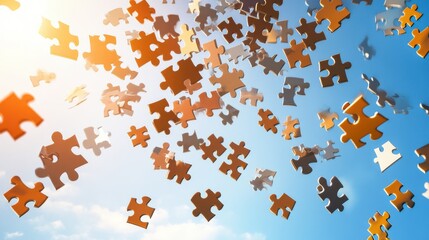 a powerful image of a diverse array of interconnected puzzle pieces floating in a bright, clear sky,