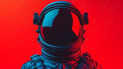 close-up of astronaut helmet against red background with cosmic dust.
