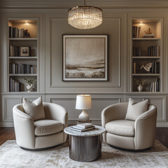 The room features two modern swivel chairs with clean lines and a contemporary silhouette. The chairs are upholstered in a soft, light beige or off-white fabric, which complements the room’s neutral 