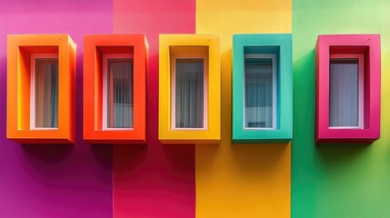 Vibrant colorful exterior of modern apartments showcasing green orange and pink window frames in a renovated residential area