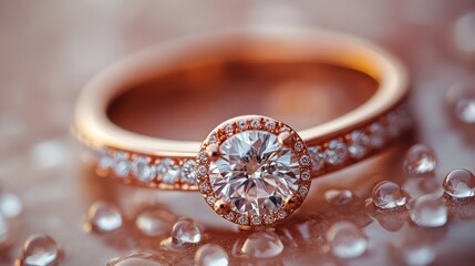 Elegant close-up of exquisite wedding rings adorned with sparkling diamonds on a soft, reflective surface with water droplets.