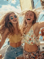 Young female friends having fun dancing together in sailing boat party - Soft focus on right girl face