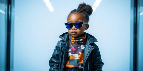 African kid girl with futuristic tech accessories posing in front of a bright abstract background, wearing stylish fashion attire, abstract, bright