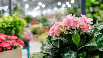 Wall Mural - Vibrant garden center sales floor showcasing blooming flowers and lush greenery in a blurred background setting