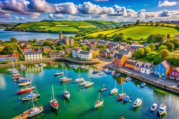 Wall Mural - Aerial View of Kinsale Harbor in Cork, Ireland: Stunning Scenic Landscape of Traditional Town with Colorful Boats and Lush Greenery, Perfect for Travel and Exploration Themes