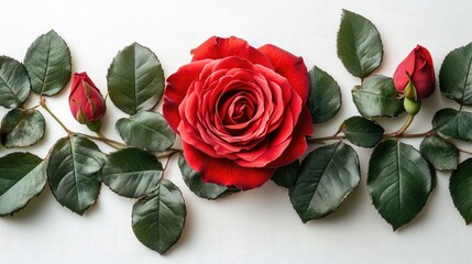 Wall Mural - elegant red rose in full bloom surrounded by green leaves and buds on a clean white background for f