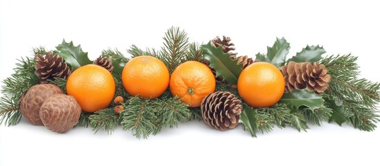 Wall Mural - Festive arrangement of fir branches tangerines pine cones and holly on a white background perfect for seasonal holiday decorations