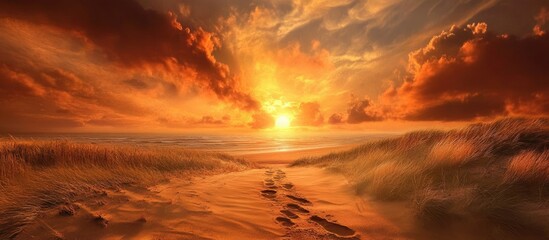 Wall Mural - footprints on a serene beach at sunset with dramatic clouds and gentle waves creating a dreamlike at