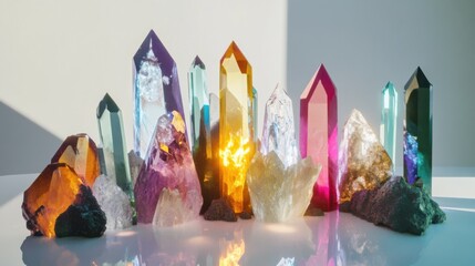 Wall Mural - a striking visual of various-sized, colorful crystals arranged in a radiant, interconnected pattern 