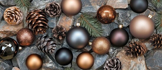 Wall Mural - Stylish Christmas baubles and pine cones arranged on a stone table background with ample space for text and creative design elements