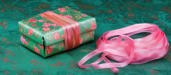 Pastel green Christmas gift box adorned with pink satin ribbon and red accents on a textured green backdrop