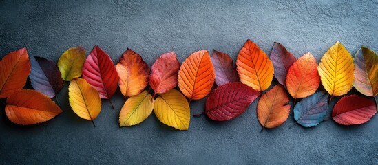 Wall Mural - Vibrant autumn leaves arranged on a gray background creating a colorful seasonal decoration concept for graphic design projects.