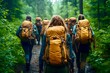 © Lelya - Group of friends are walking through the woods with their backpacks on a dirt path. There are tall trees and lush green foliage all around. Hiking, volunteering, a rescue mission.