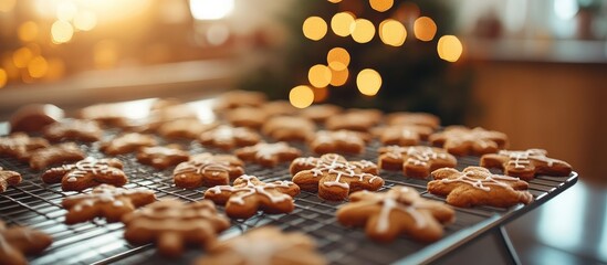 Canvas Print - Festive gingerbread cookies cooling on a wire rack in a modern kitchen with holiday decorations and a warm atmosphere