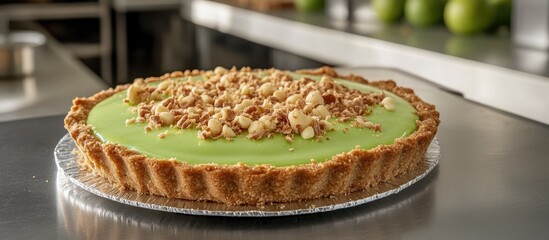 Canvas Print - Key lime tart with cookie crust and white chocolate flakes displayed in a bakery setting on a stainless steel countertop