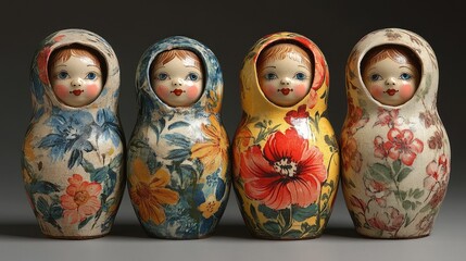 Colorful collection of four opened matryoshka dolls arranged with the smallest doll at the bottom showcasing traditional designs and craftsmanship