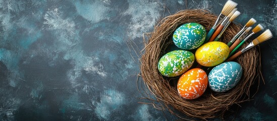 Colorful Easter eggs and paintbrushes in a nest on a textured backdrop for holiday preparations minimalistic flat lay view with copy space