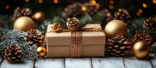 Wall Mural - Festive gift box adorned with pine cones and golden ornaments on a rustic wooden surface with blurred lights in the background