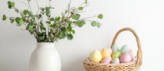 Wall Mural - Easter basket with pastel hand painted eggs and a vase of eucalyptus leaves on a minimalist white background for festive decoration concepts