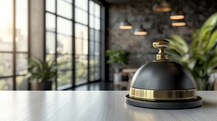 Elegant hotel service bell on a table with modern decor highlighting travel and hospitality in a stylish hotel environment