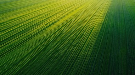 Wall Mural - Vibrant green field landscape with textured patterns under warm golden sunset hues