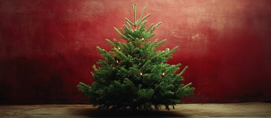 Poster - Festively decorated Christmas tree standing against a rustic red wall creating a warm holiday atmosphere in a cozy setting.