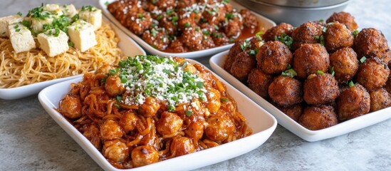 Wall Mural - High Angle View of Assorted Fried Noodles Meatballs Tofu and Garnishes on White Serving Dishes