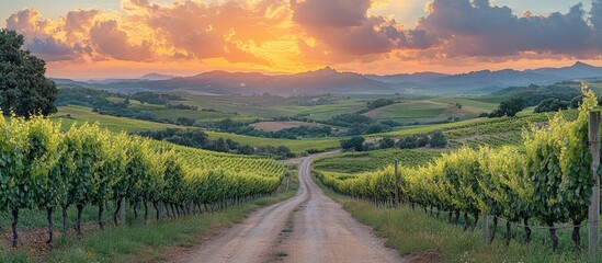 Poster - Winding road through lush vineyard hills with cloudy sky and sunset illuminating the valley in springtime scenery